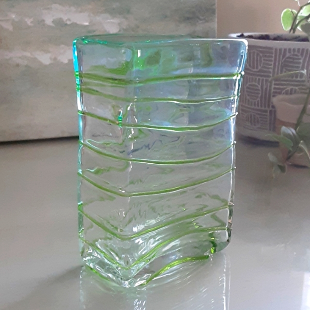 Mid Century Modern Hand Blown Green Threaded Block Art Glass Vase